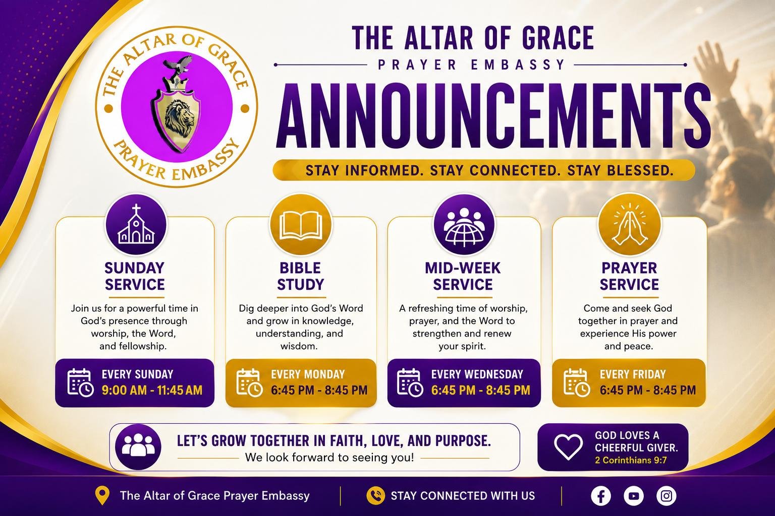 The Altar of Grace Prayer Embassy Service Schedule Announcements